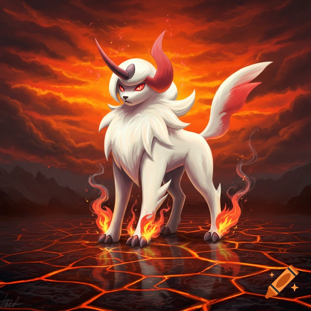 A white and red fiery Absol with glowing red eyes stands on a cracked volcanic ground under a dramatic orange sky.