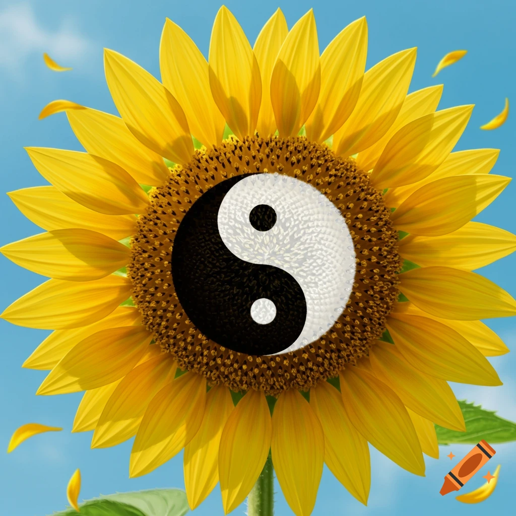 A vibrant sunflower with a black and white Yin and Yang symbol at its center, against a blue sky with falling petals.