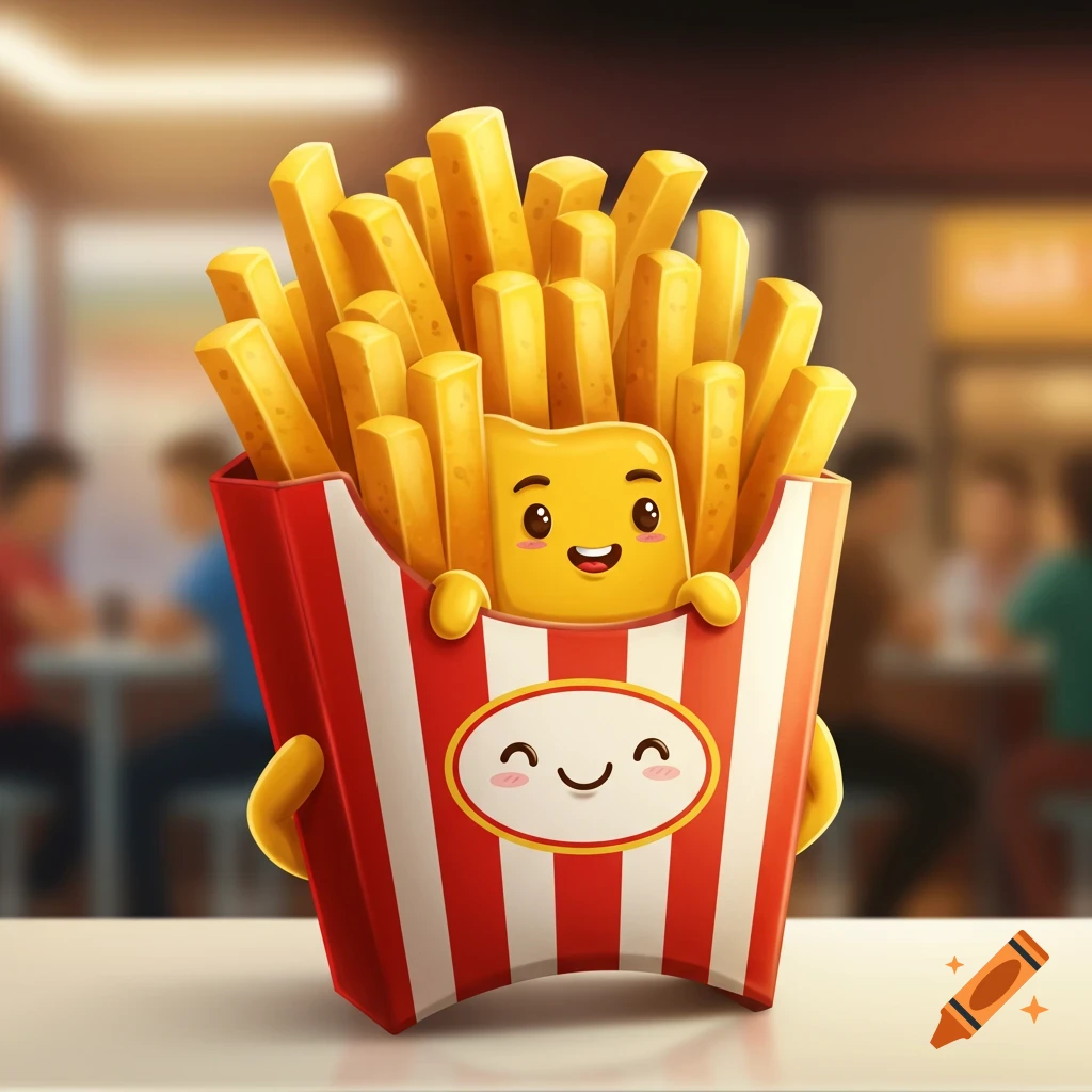 Cartoon French fries mascot with a happy face in a red and white striped container, in a blurred restaurant.