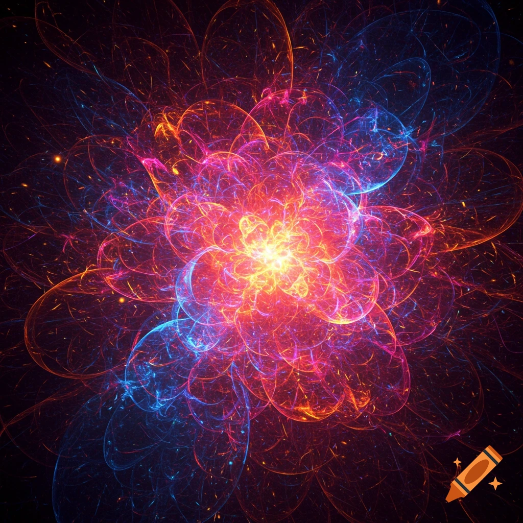 Vibrant abstract fractal with glowing red, pink, blue, and yellow lines on a dark background.