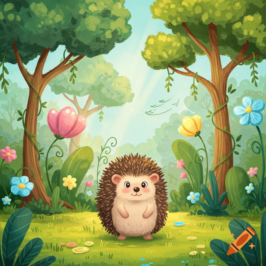 A cute cartoon hedgehog stands in a vibrant forest surrounded by colorful flowers and trees in an illustration.