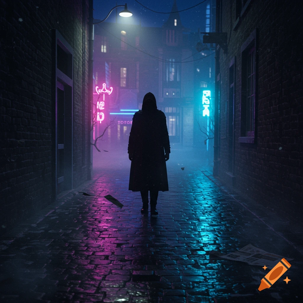 A hooded figure stands in a dark, wet alleyway, illuminated by vibrant pink and blue neon signs reflecting on the cobblestones.