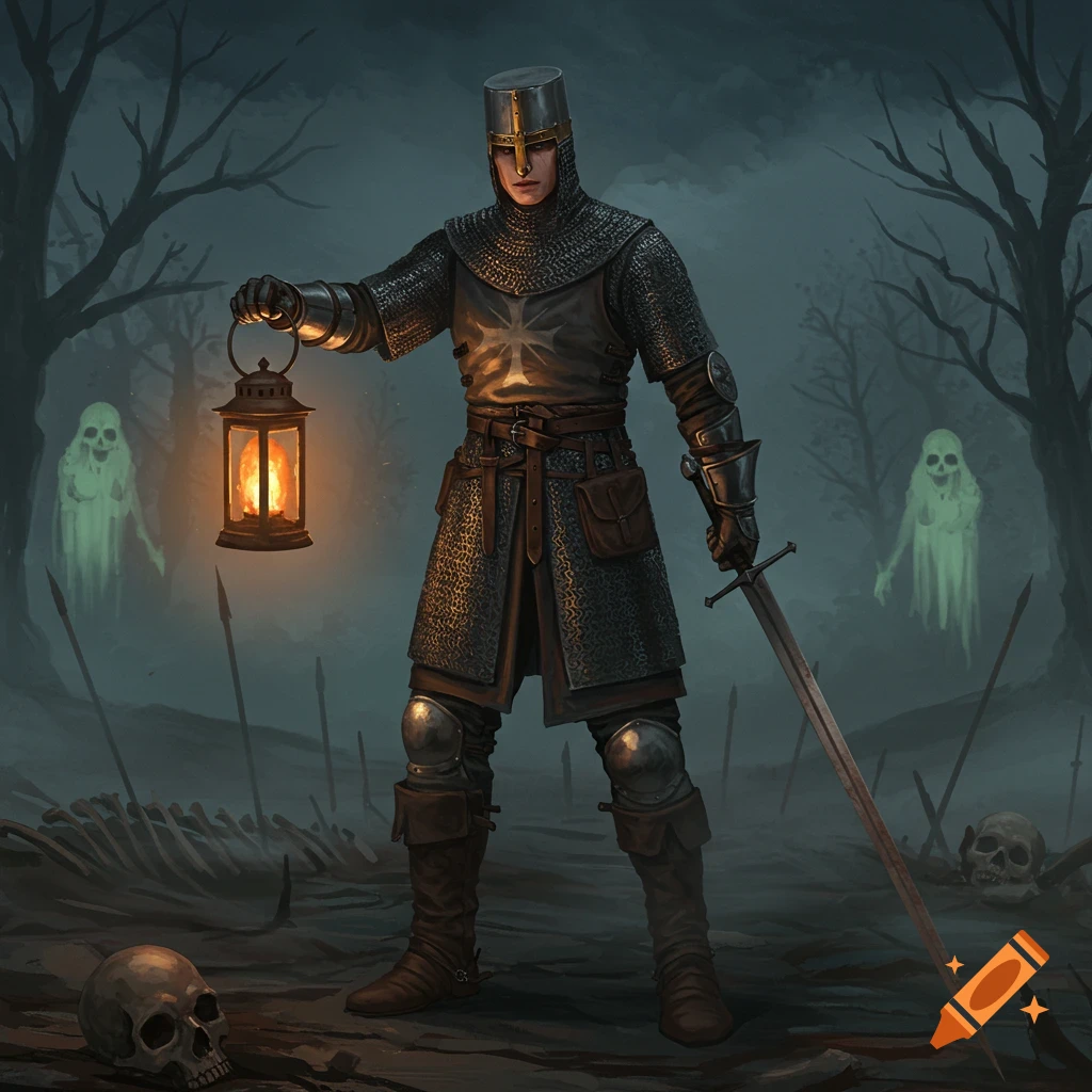 A knight in chainmail armor holds a lantern and longsword in a dark, misty forest with two ghosts, skulls, and bones, digital art.