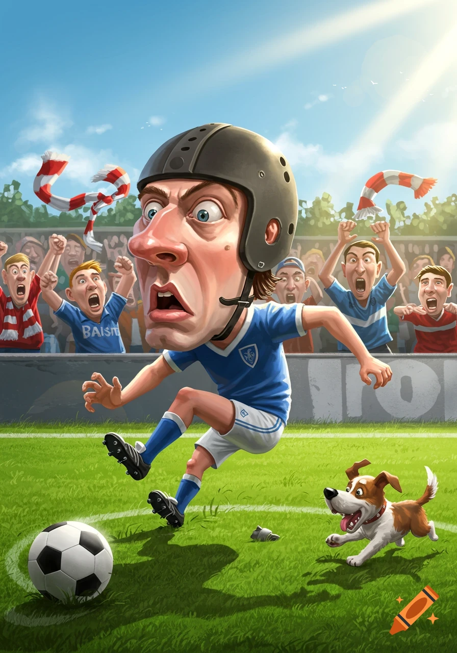 Cartoonish football player in a helmet with a huge head and a surprised expression, with a dog and cheering fans on a sunny field.