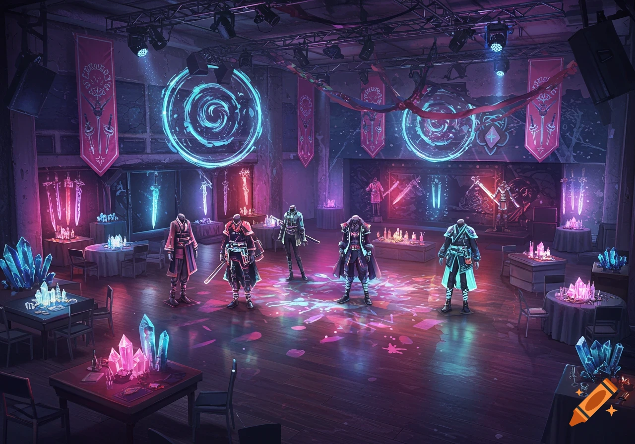 A dimly lit party hall decorated with glowing crystals, neon signs, and five armored figures on a dance floor, in a fantasy/sci-fi style.
