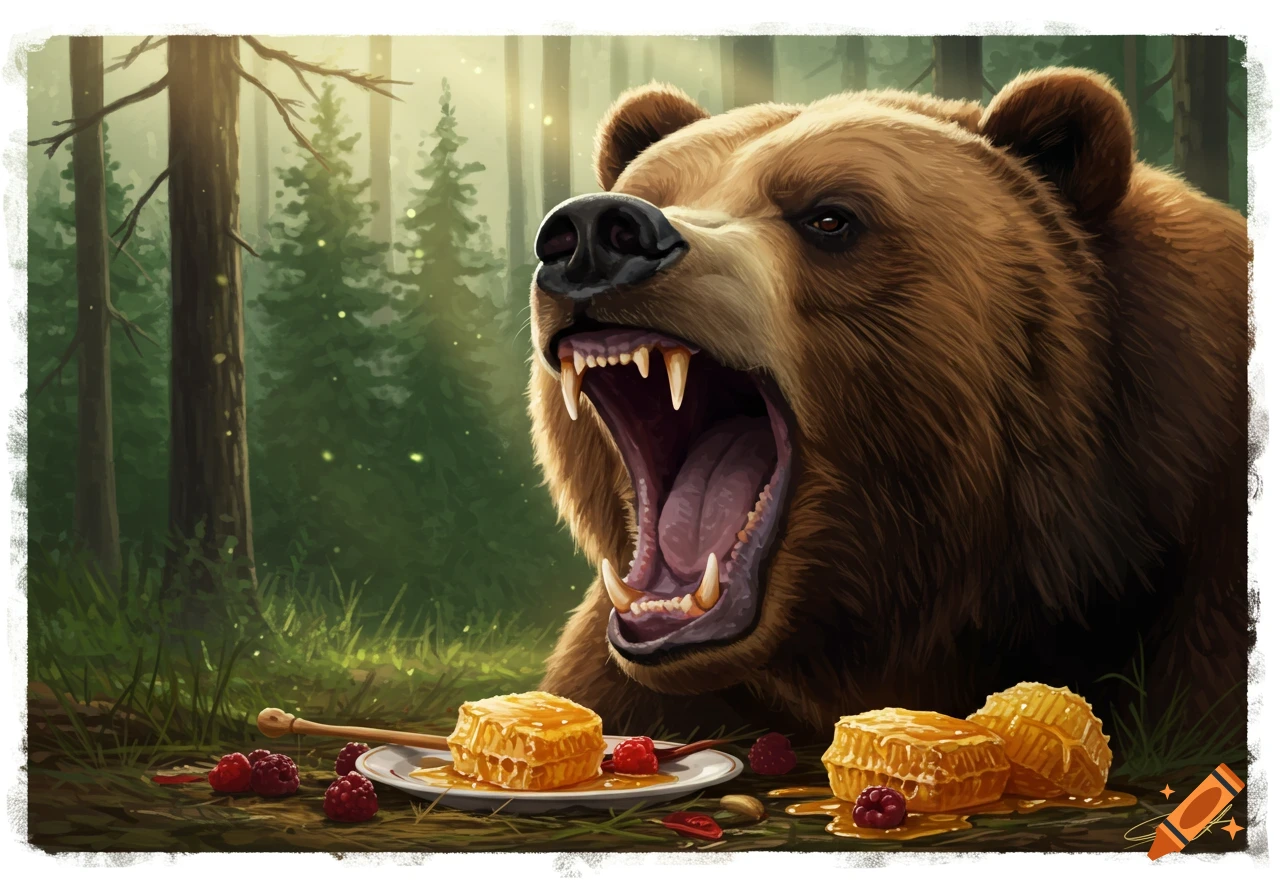 A digital painting of a roaring grizzly bear in a sunny forest, surrounded by honeycombs and raspberries on the ground.