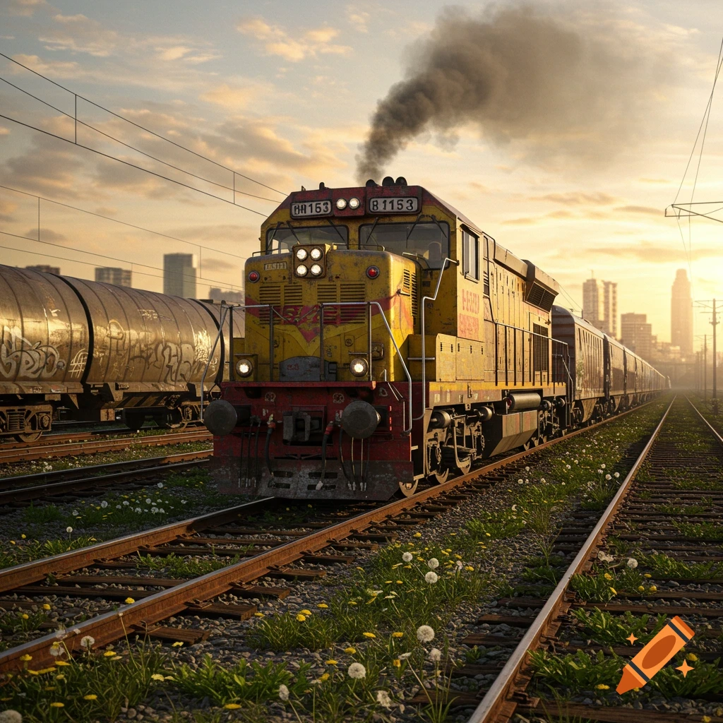 A yellow and red diesel locomotive on train tracks, emitting smoke, with a city skyline and sunset in the background. Grass grows between the tracks.