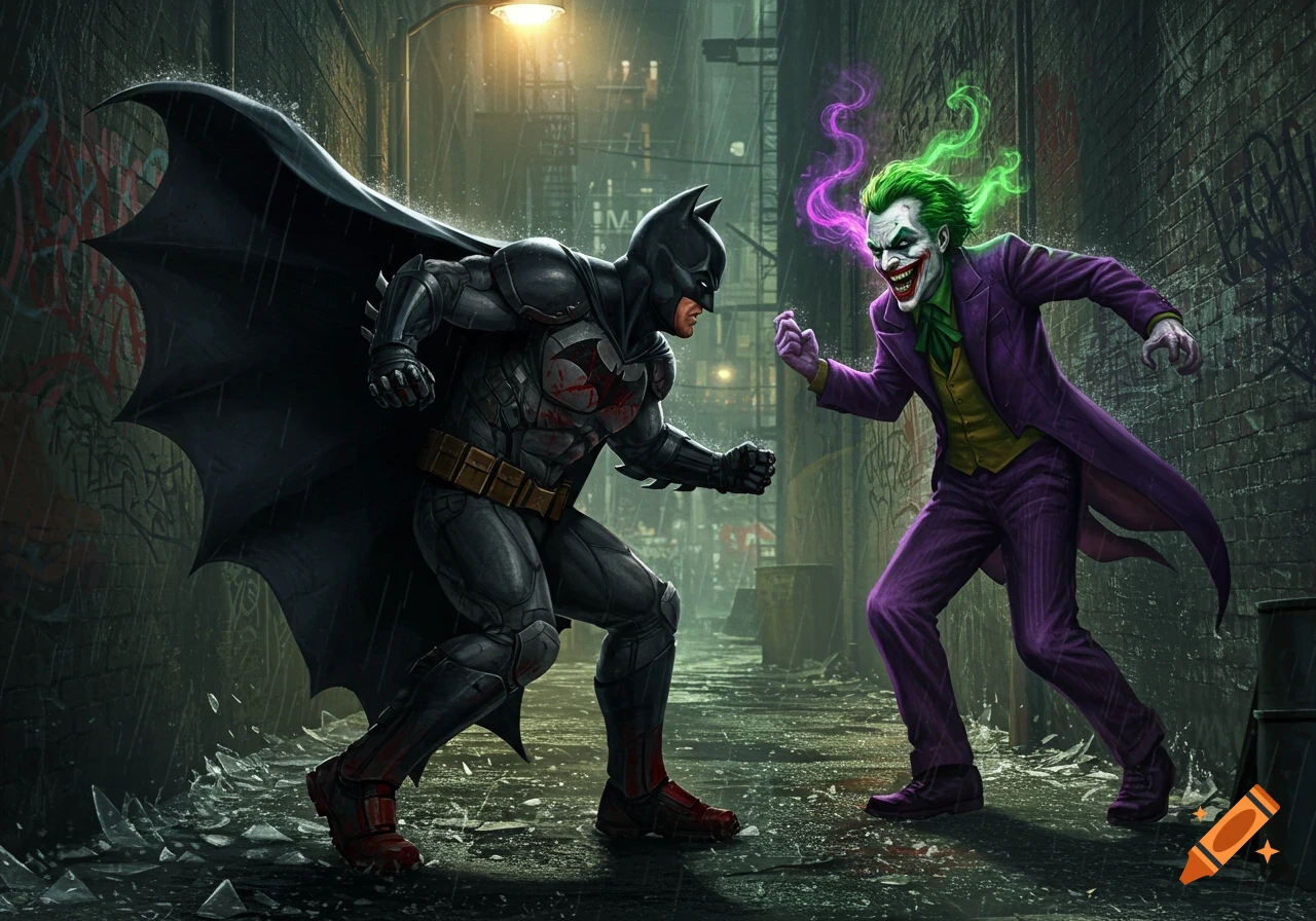 Batman and Joker face off in a dramatic, rainy alleyway at night, in a comic book art style.