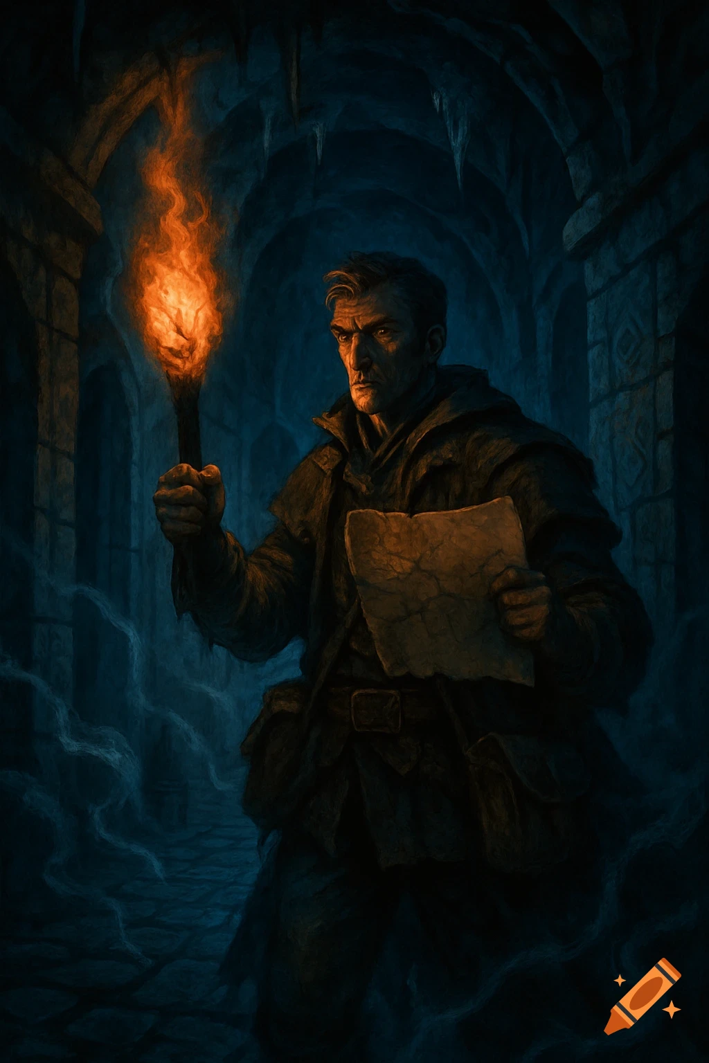 A grim man holds a flaming torch and a treasure map in a dark, stone labyrinth in fantasy art style.