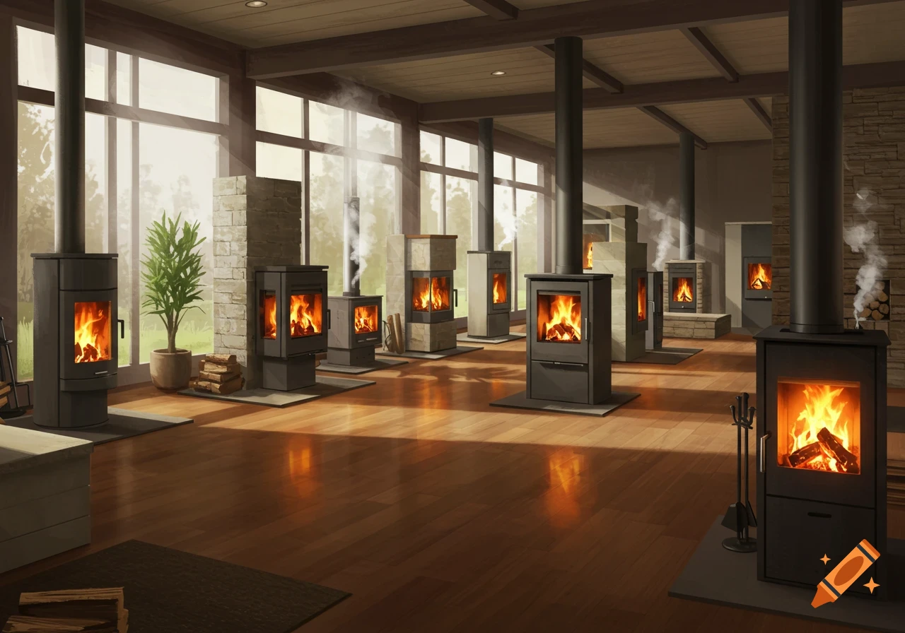 A bright showroom with multiple modern wood-burning stoves and fireplaces on a polished wooden floor.