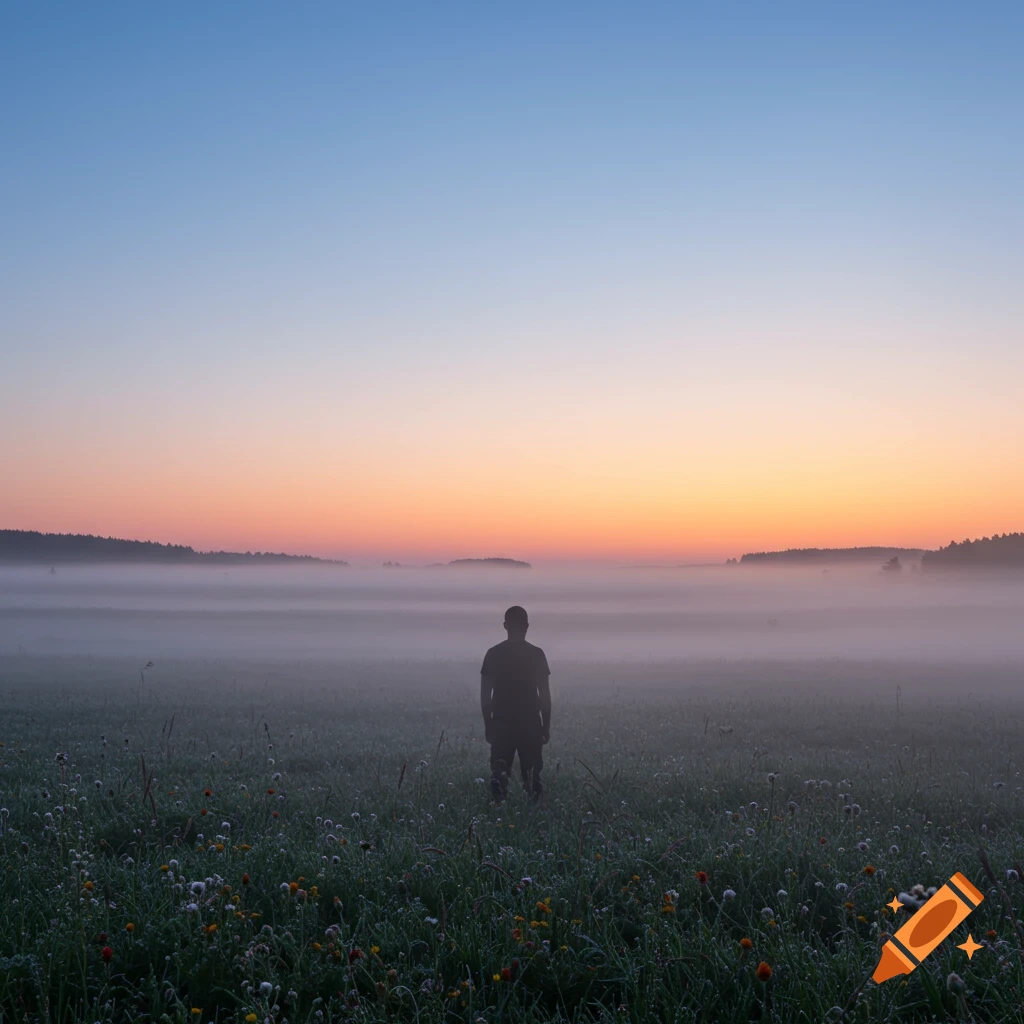 A silhouetted person stands in a misty field with wildflowers at dawn/dusk, under a gradient sky.