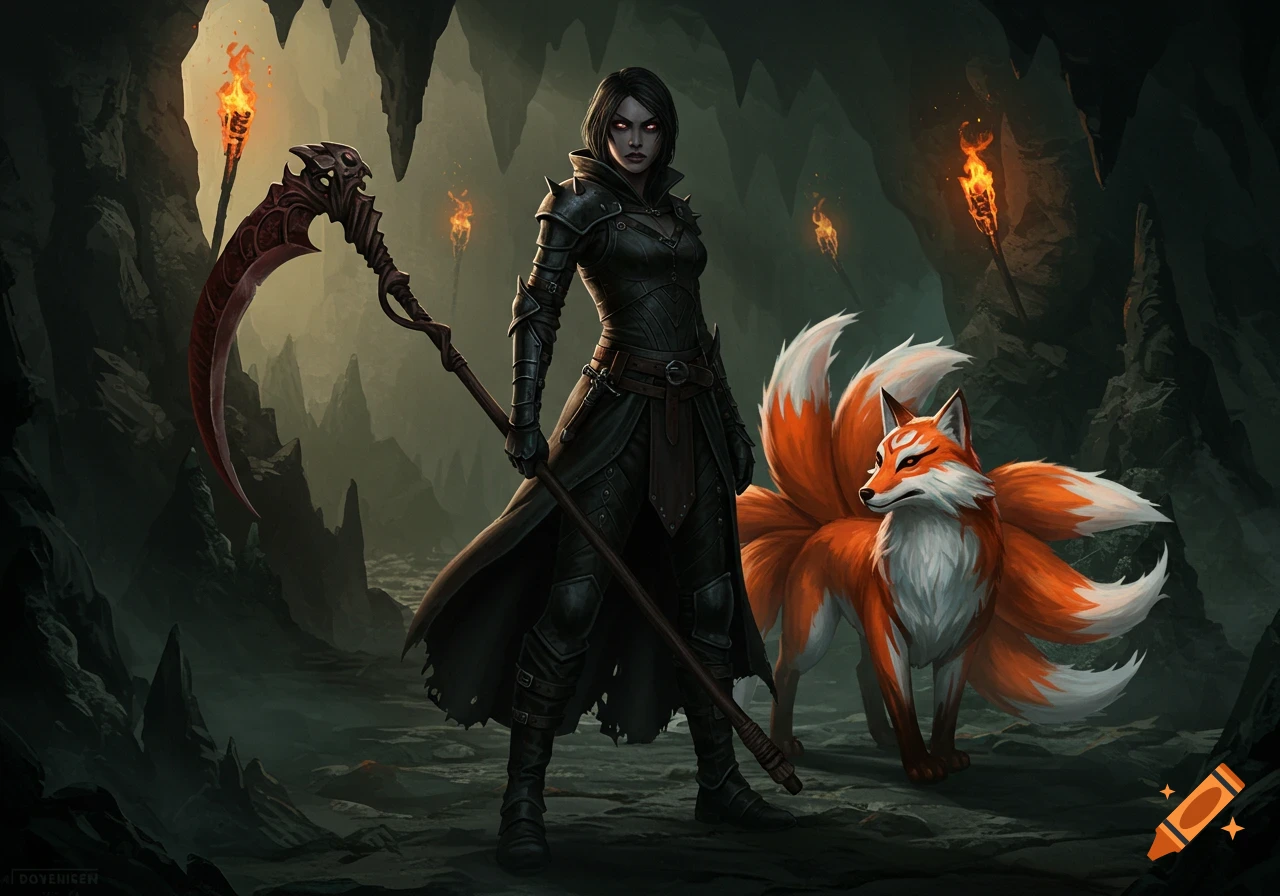 A dark fantasy female anti-hero in black armor with a scythe and a nine-tailed kitsune companion in a torchlit cave.