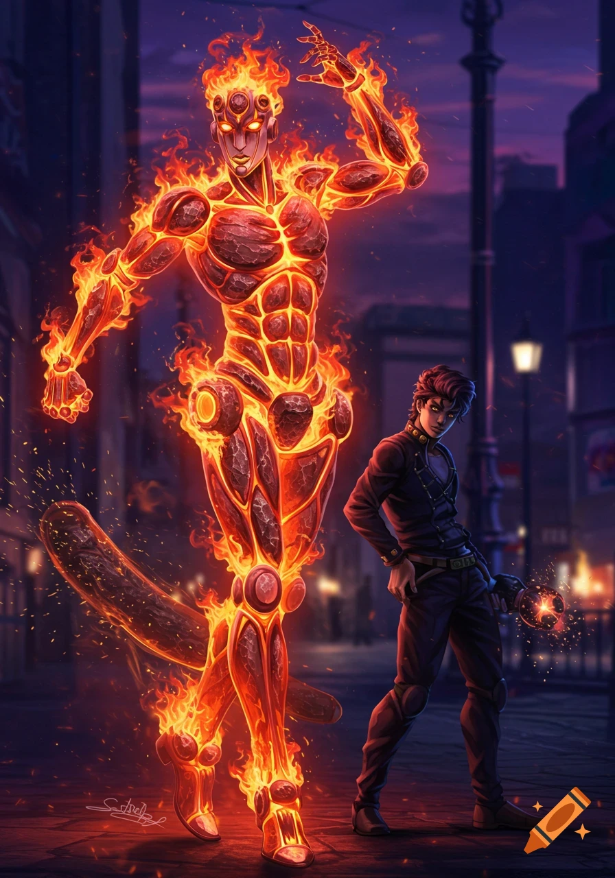 An anime man with a fiery, muscular stand poses on a dimly lit city street at dusk.