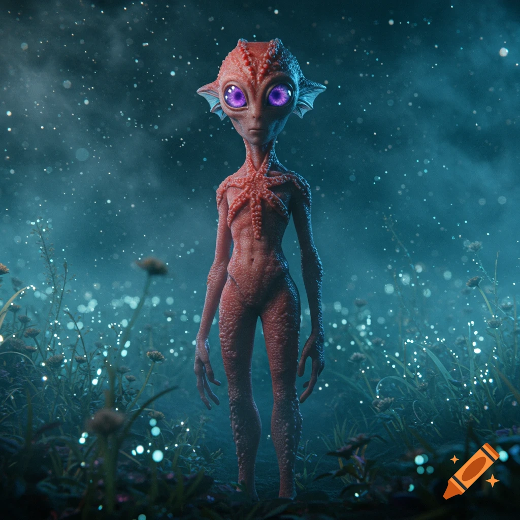 Humanoid alien with bumpy red skin, large purple eyes, and fins, standing in a field of glowing plants and particles.