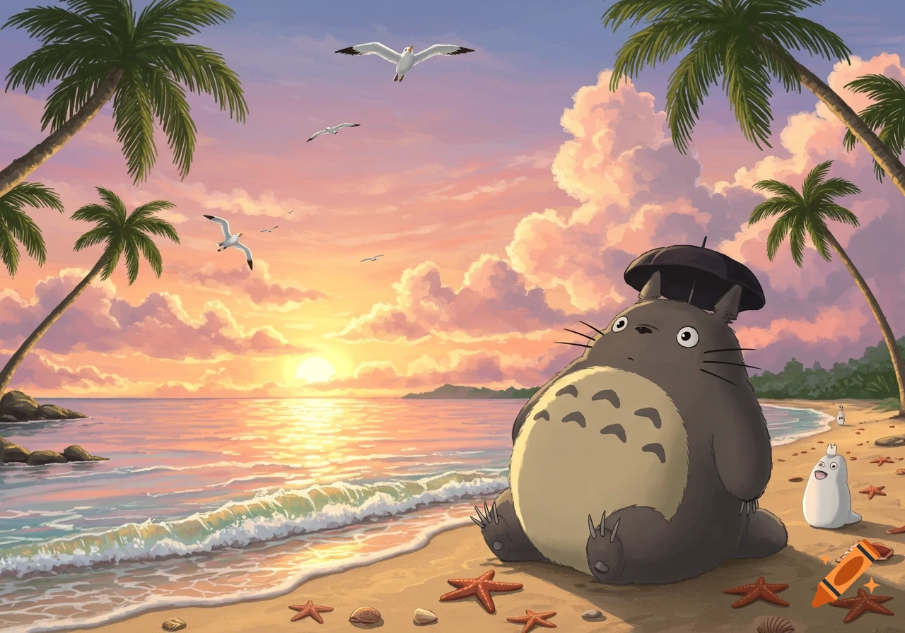 Totoro and a small white creature sit on a sandy beach at sunset, with palm trees, ocean waves, and seagulls in an animated style.