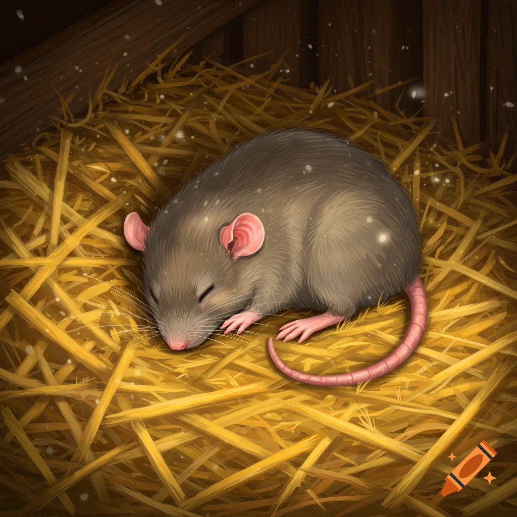 An illustration of a small gray rat with pink ears and tail sleeping peacefully on golden hay.