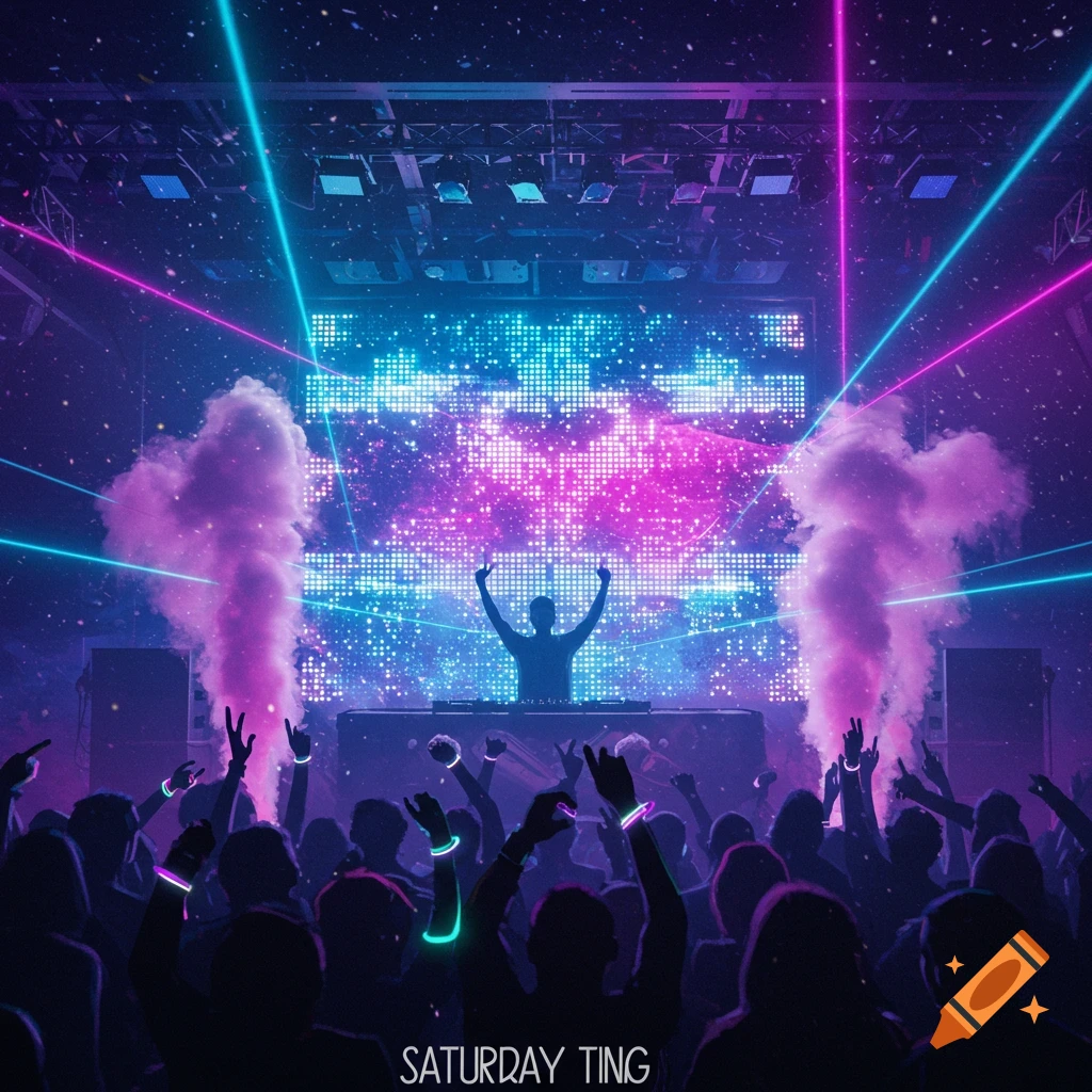 Energetic DJ set at a nightclub with a silhouetted crowd, glowing wristbands, bright neon laser lights, and smoke effects.