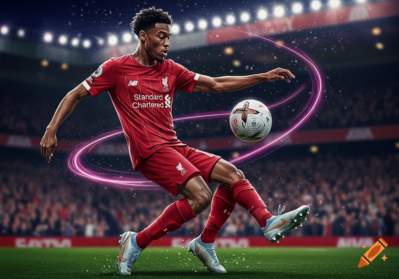African American soccer player in a red Liverpool jersey dynamically kicks a ball on a stadium field.