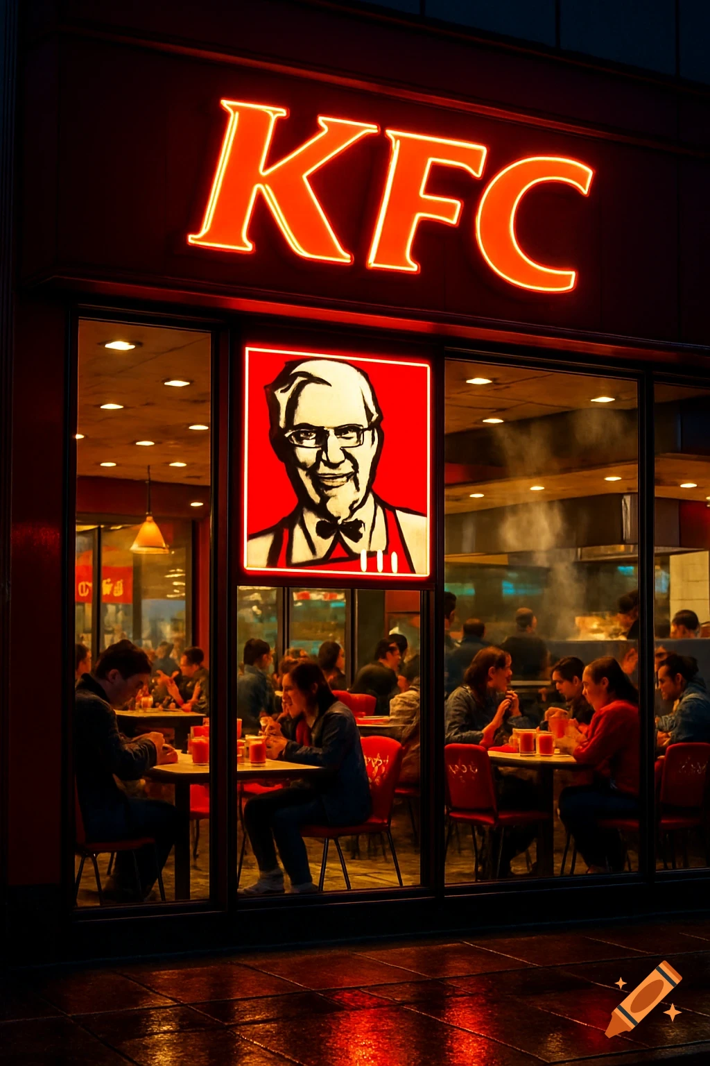 Photorealistic night view of a KFC restaurant with a glowing neon sign, Colonel Sanders logo, and people dining inside. Wet street reflects lights.