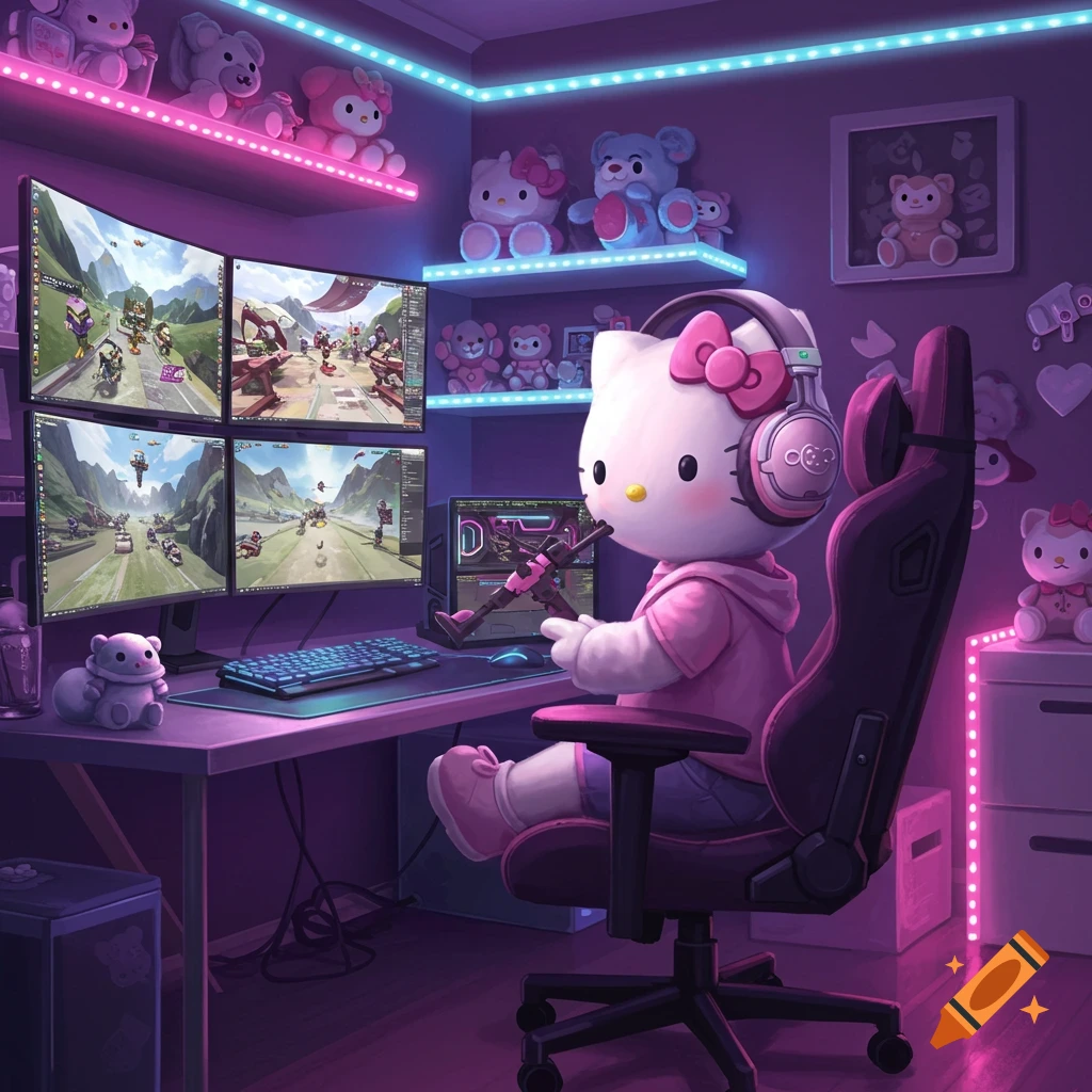 Hello Kitty gamer wearing headphones, sitting in a neon-lit room with multiple monitors, holding a pink weapon, surrounded by plushies.