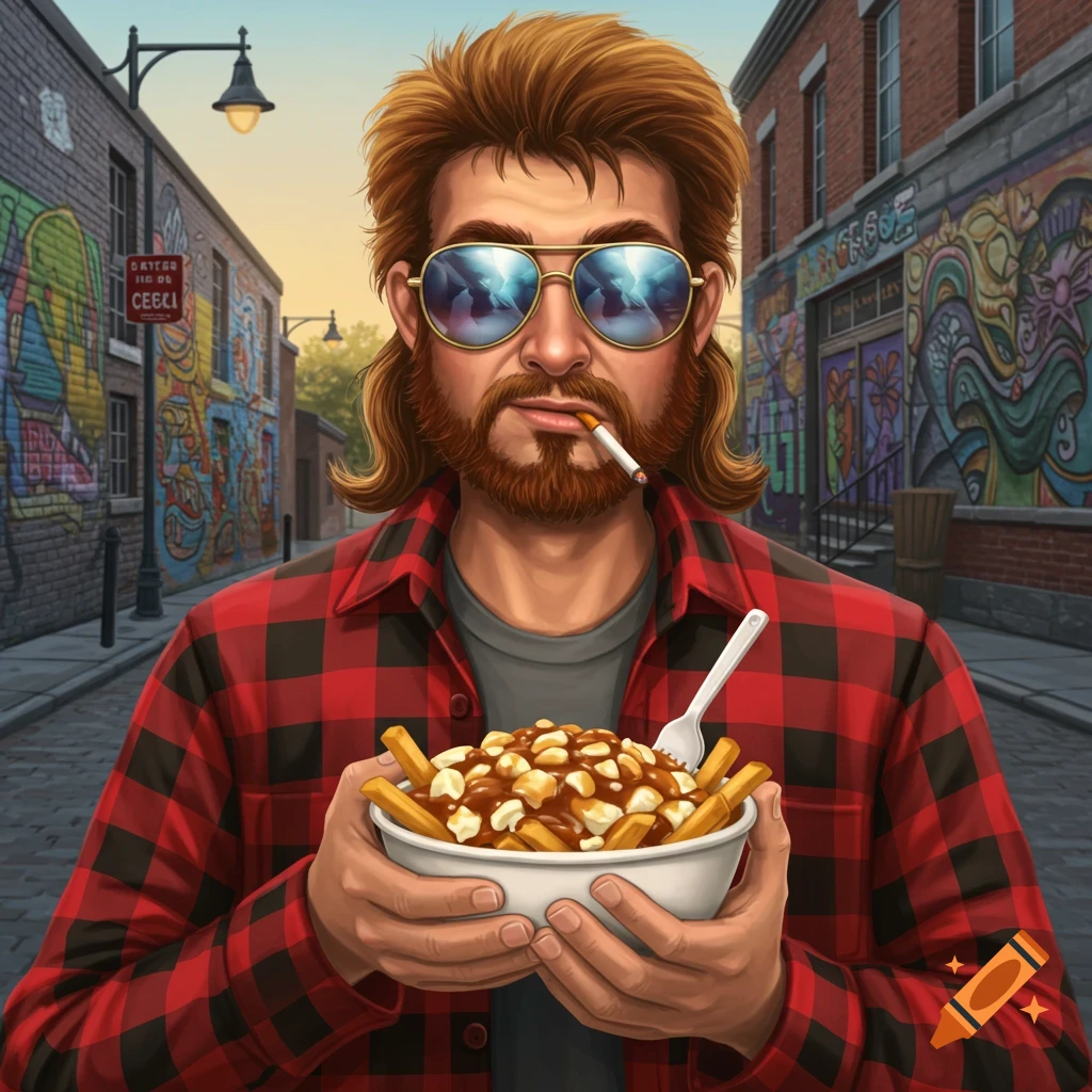 Cartoon man with mullet, beard, sunglasses, and plaid shirt smokes, holding poutine on a graffiti street.