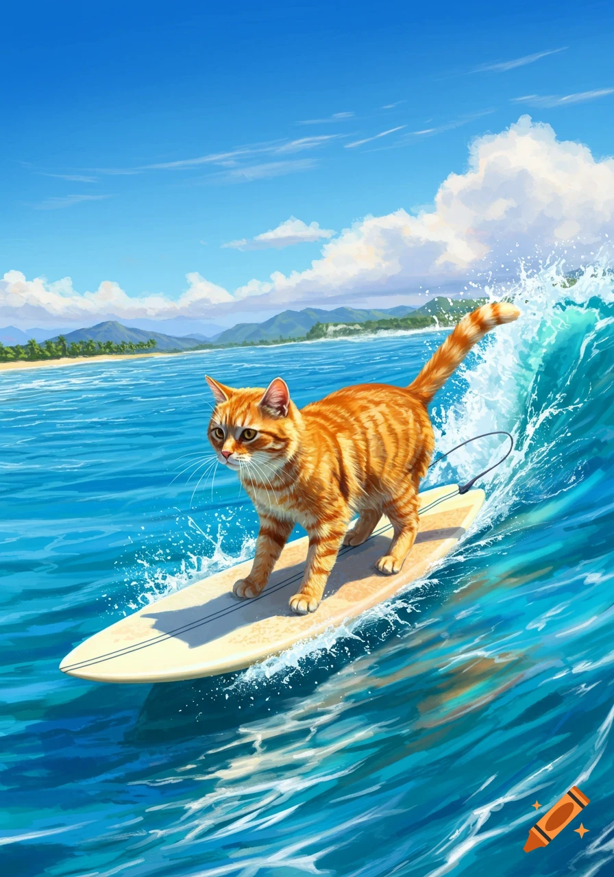 An orange tabby cat surfs on a surfboard in a blue ocean with a tropical beach and mountains in the background, in an illustrative style.