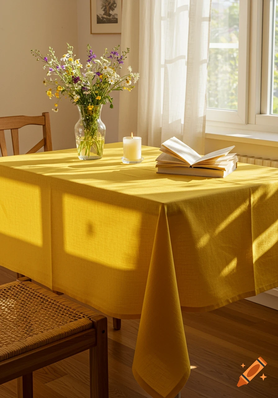A yellow tablecloth on a sunlit table holds a vase of wildflowers, a lit candle, and an open book.