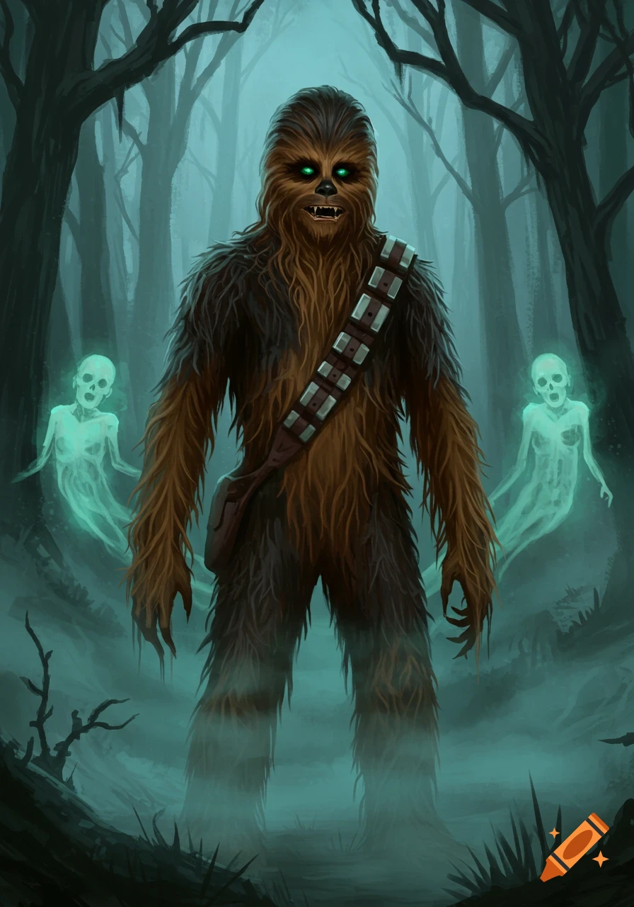 Illustration of a cursed Chewbacca with glowing green eyes and fangs, standing in a misty, dark forest with two skeletal ghosts.