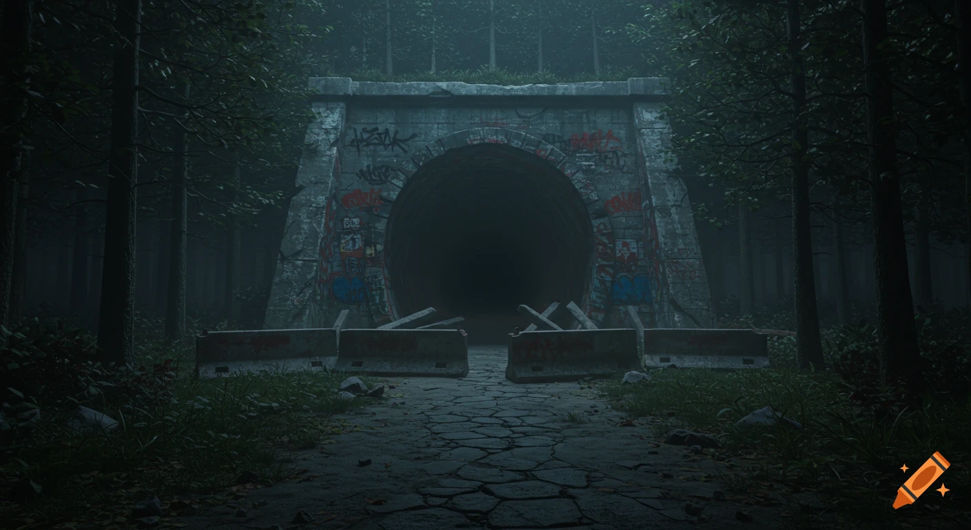 Photorealistic image of a dark, foggy forest with an old, graffiti-covered concrete tunnel entrance blocked by barriers.