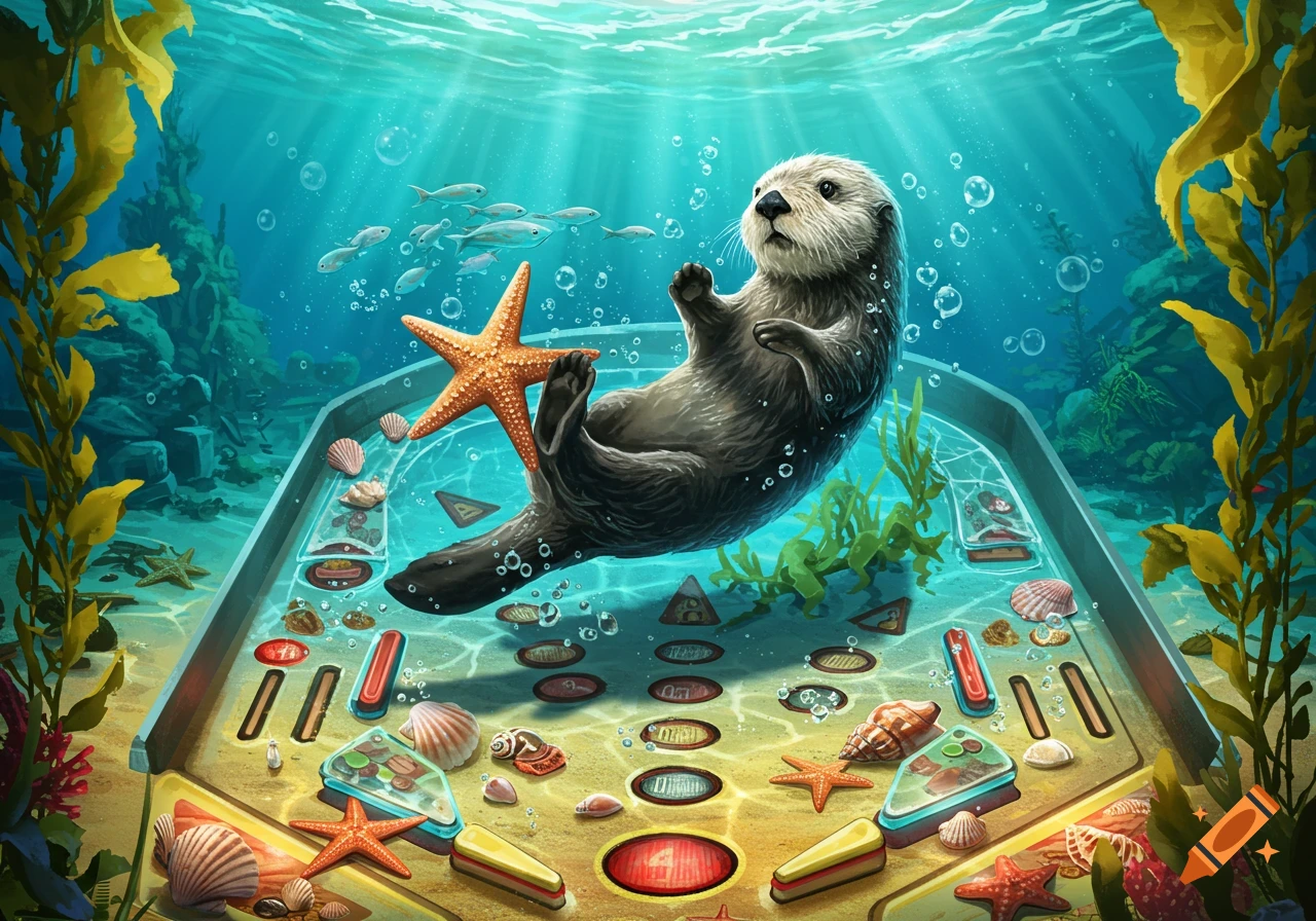 An adorable sea otter swims with a starfish on an underwater pinball machine amidst kelp and fish in a vibrant illustration.