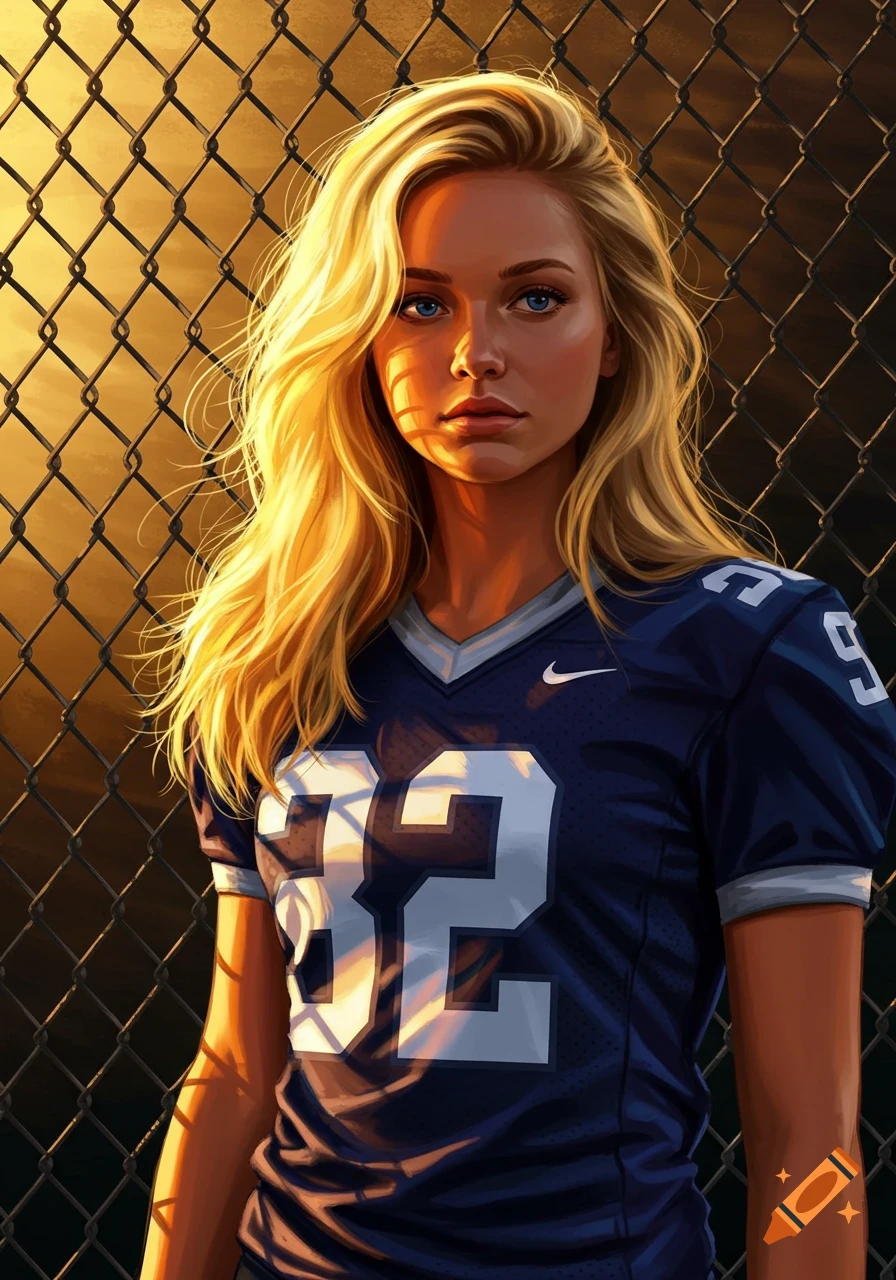 Digital painting of a blonde woman in a navy blue football jersey with number 32, standing in front of a chain-link fence, backlit by the sun.