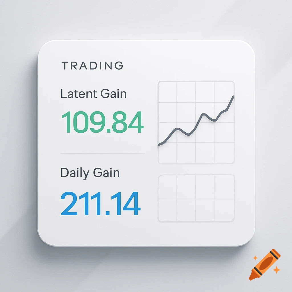A clean digital dashboard displaying 'TRADING' with 'Latent Gain 109.84' and 'Daily Gain 211.14', plus a rising line graph.