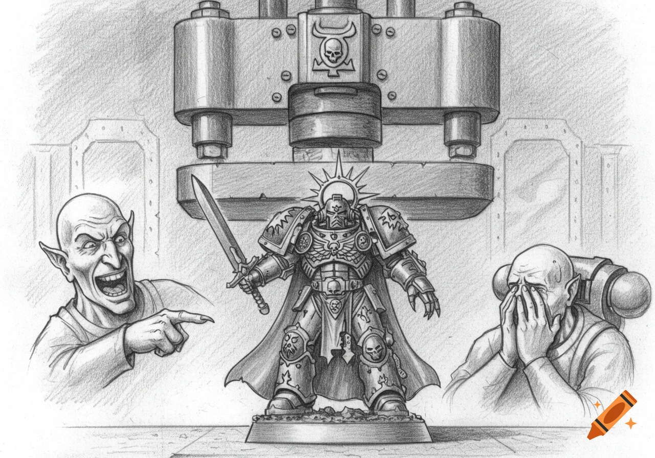 Pencil drawing of a Warhammer 40k Emperor miniature under a hydraulic press, with one man laughing and another crying.