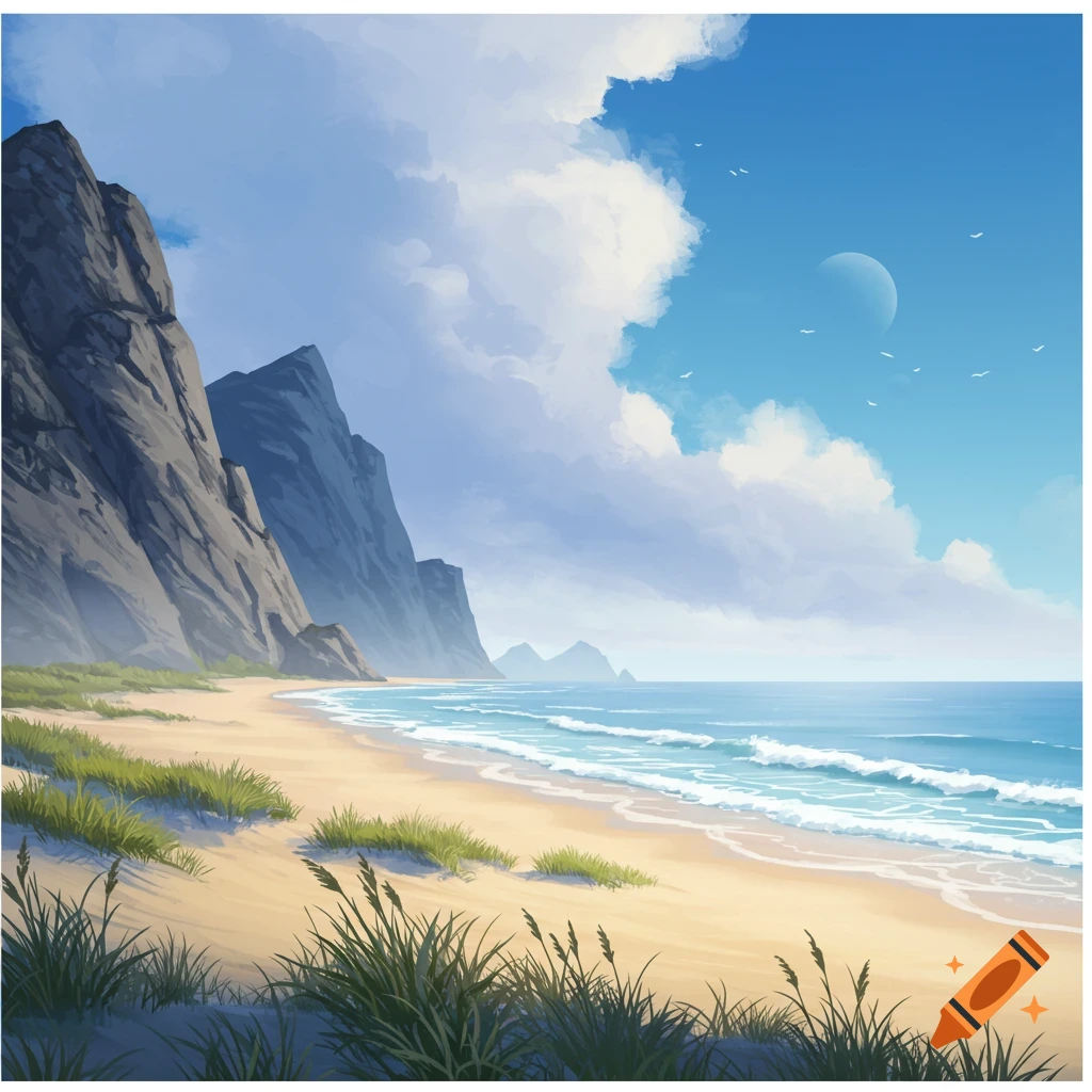 Digital painting of a sandy beach with steep cliffs, ocean waves, fluffy clouds, and a crescent moon in the blue sky.