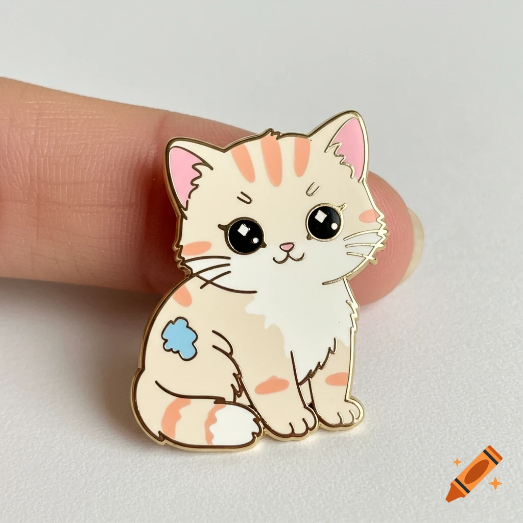 A cute, stylized kitten enamel pin with large eyes, light orange stripes, and a small blue mark, held by a finger.