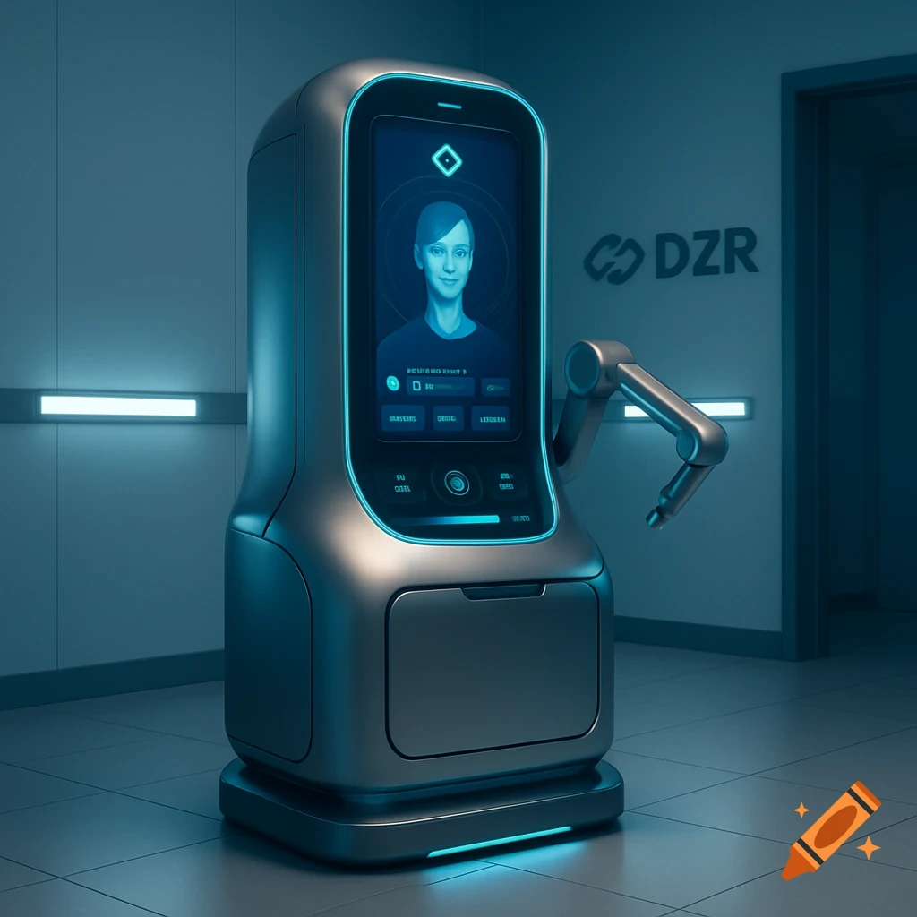 A sleek, silver, futuristic medical machine with a blue-lit screen displaying a female avatar and interactive UI elements, standing in a dimly lit, clean room with a DZR logo on the wall. The machine has a robotic arm attached to its side and glowing blue accents.