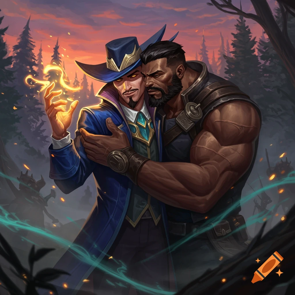 Two fantasy characters, Twisted Fate and Graves, embrace in a dark forest at sunset, one holding glowing magic.