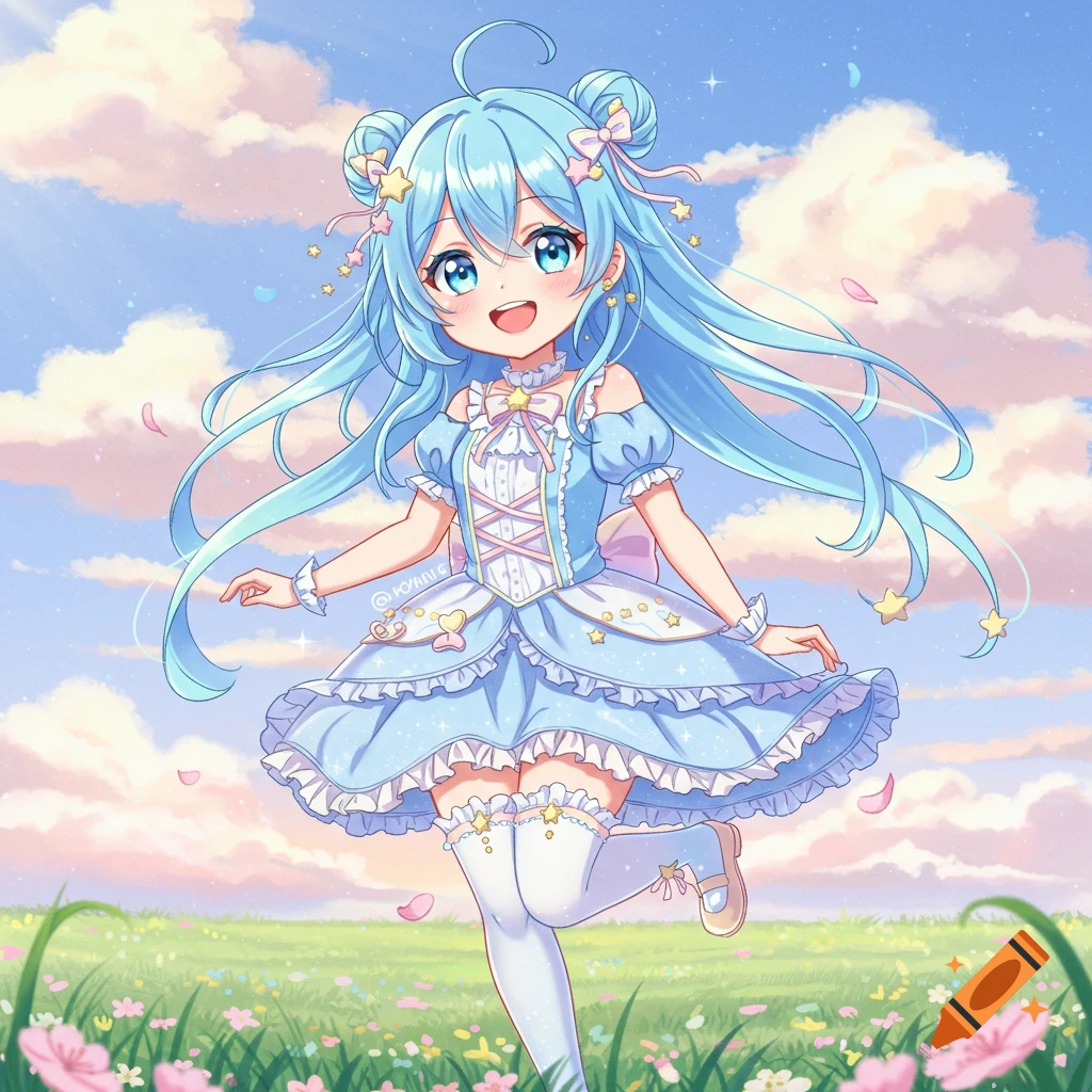 A cute anime girl with blue hair and a light blue dress runs joyfully in a field of flowers under a pastel sky.