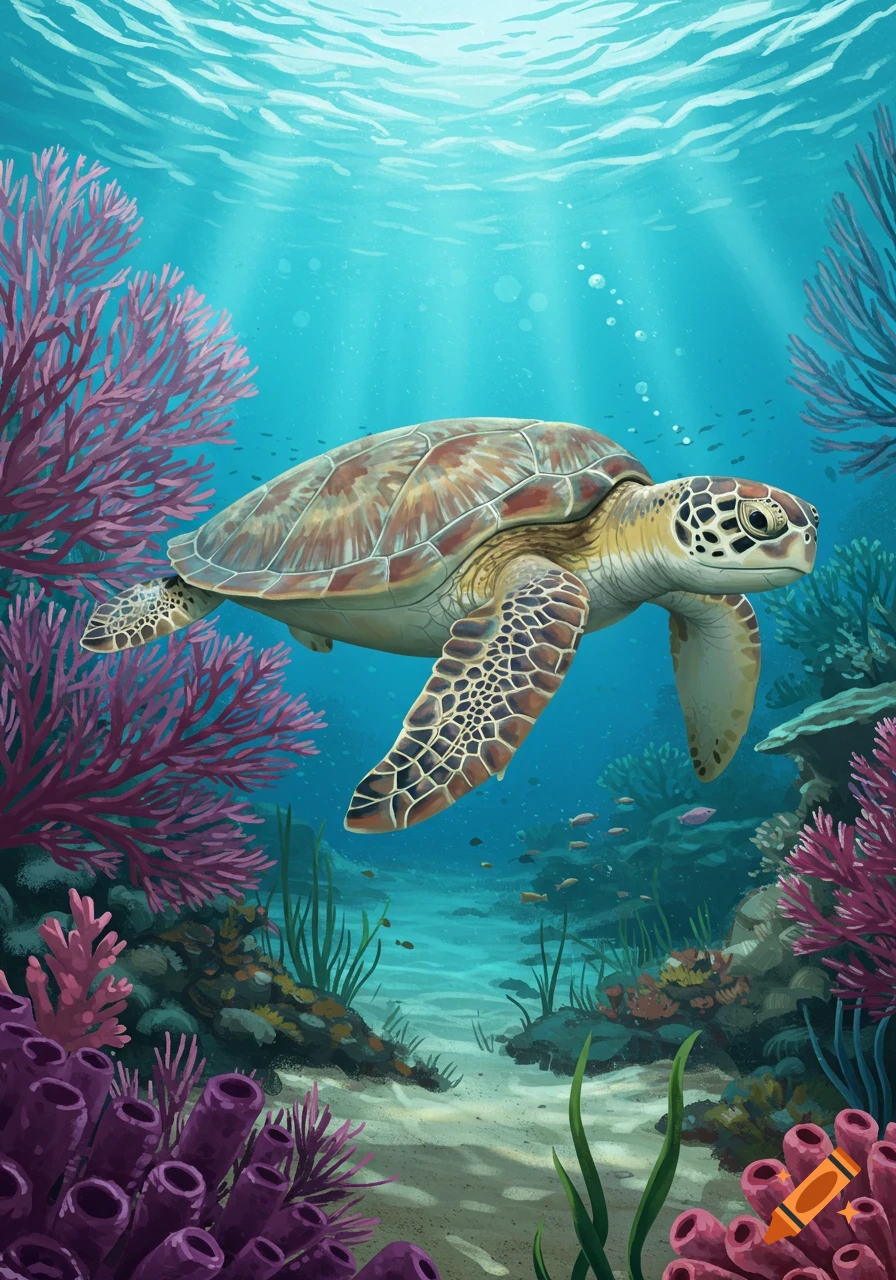 Illustration of a green sea turtle swimming above a colorful coral reef with bright pink and purple corals.