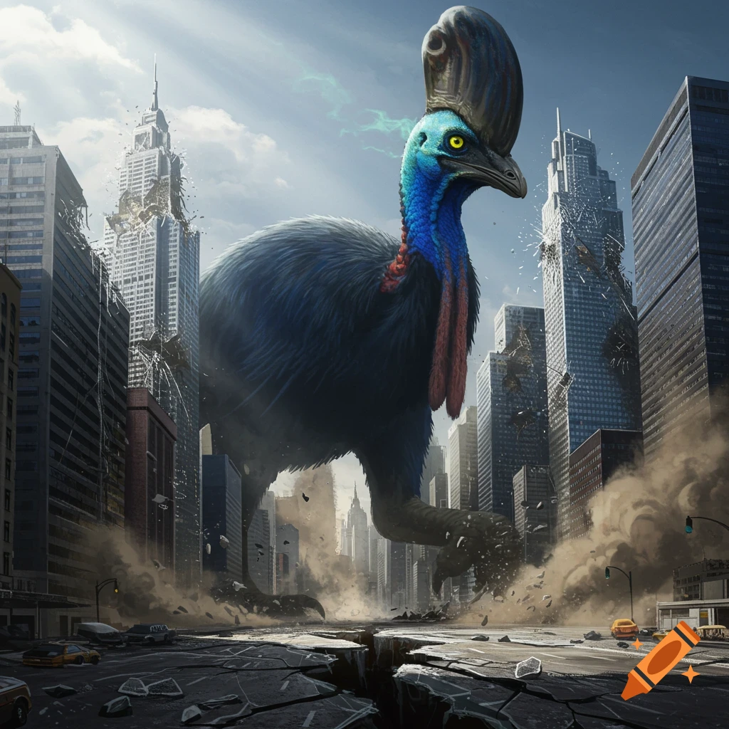 A giant, photorealistic cassowary stomps through a devastated cityscape, with collapsing buildings and cracked streets.