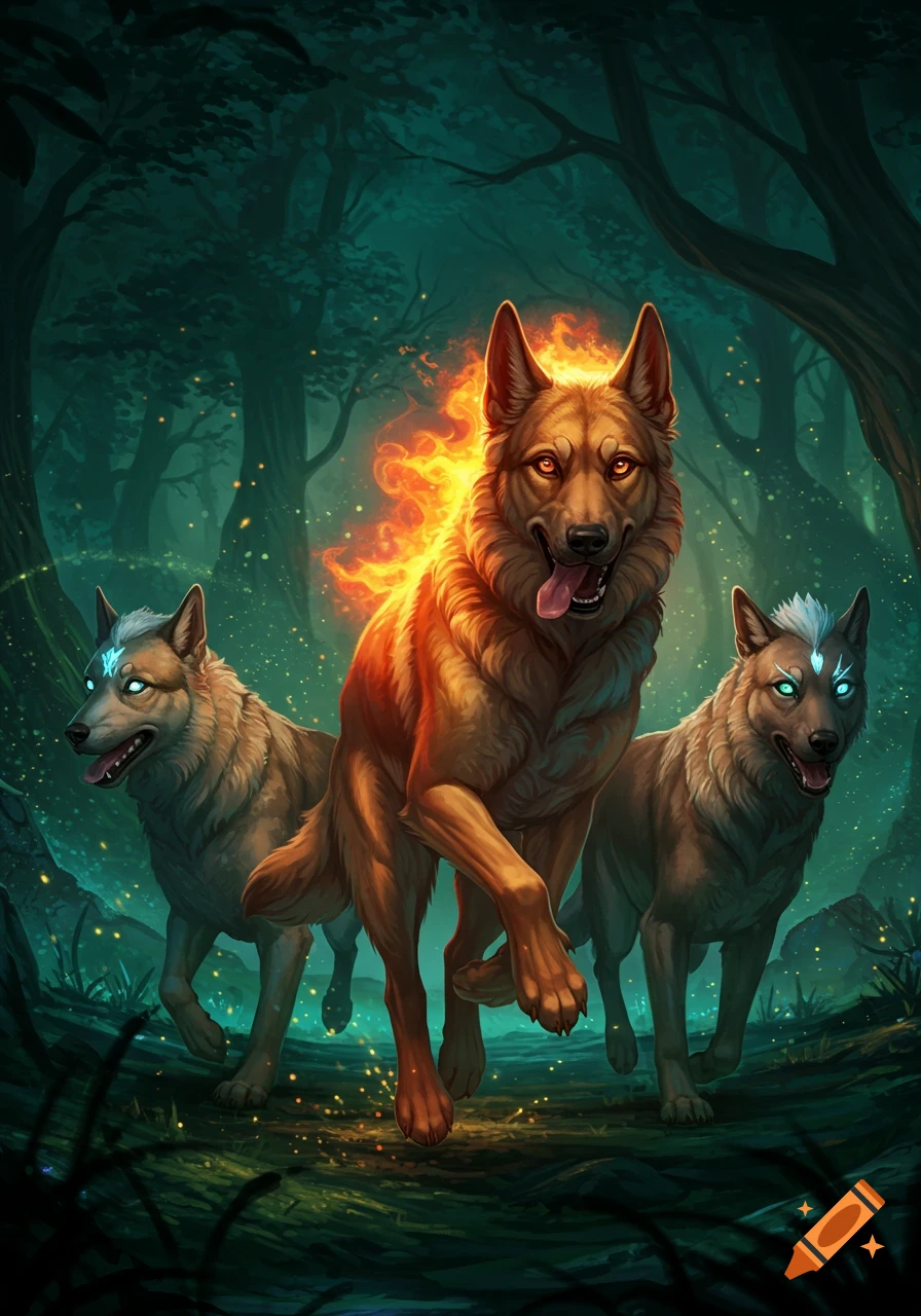 Three magical German Shepherd dogs run through a dark, glowing forest in a digital painting. The central dog glows with fire.