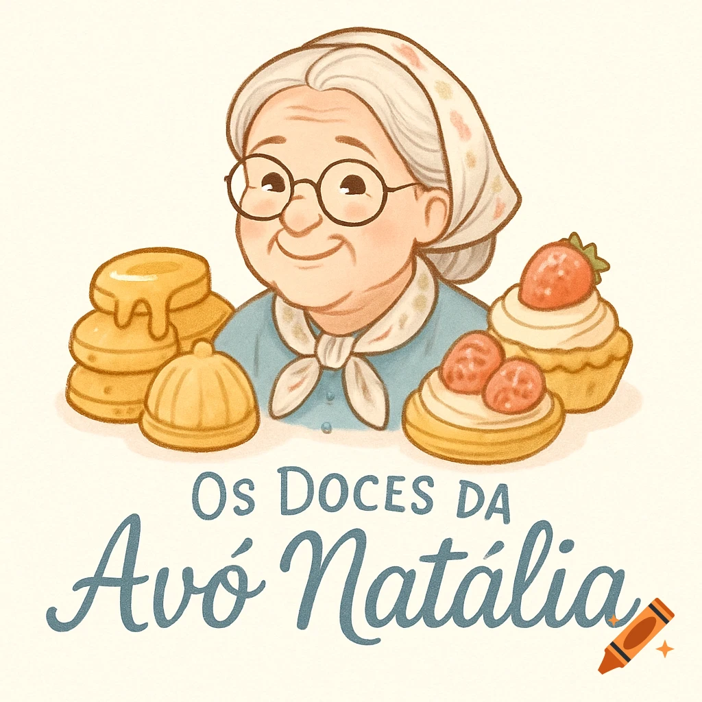 A cartoon illustration of a smiling grandma with glasses and a headscarf, surrounded by various sweets, with Portuguese text below.