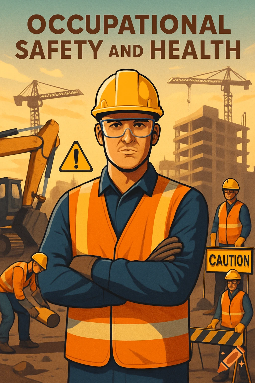 An illustrated safety poster showing a confident construction worker in a hard hat and safety vest at a job site with text 'Occupational Safety and Health'.