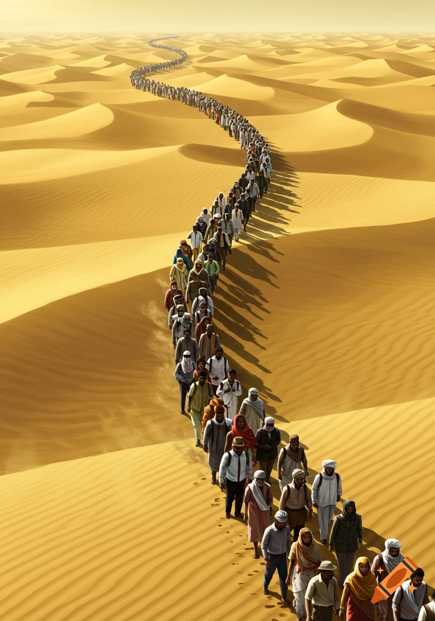 A long, winding line of people walks across vast, sunlit sand dunes in a desert landscape. Photorealistic style.