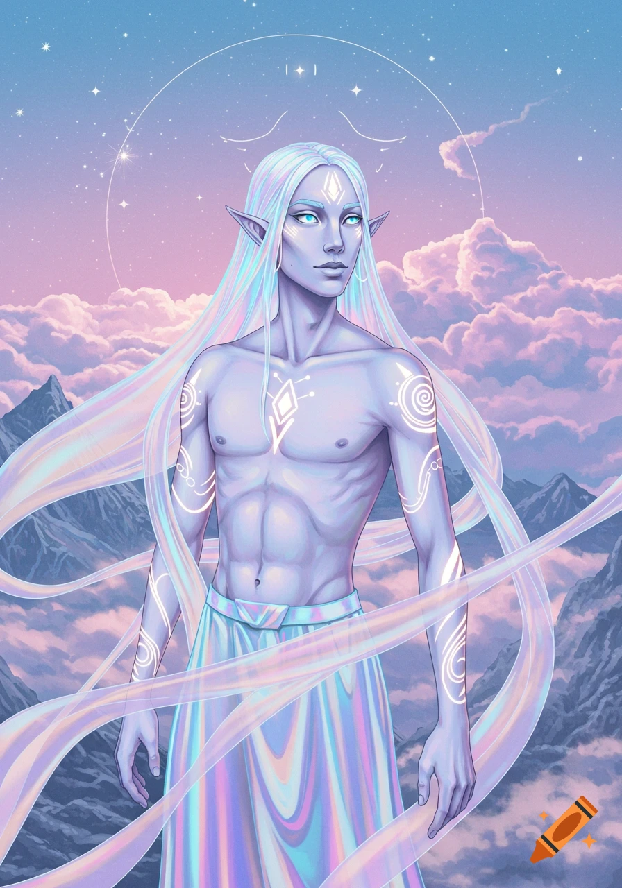Ethereal male elf with light blue skin, long iridescent hair, and glowing patterns, stands against a pastel sky with clouds and mountains.
