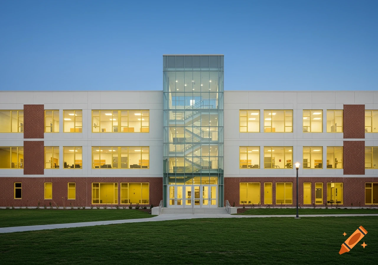 Modern four-story building with white facade, yellow windows, and a central glass staircase, against a blue sky and green lawn.