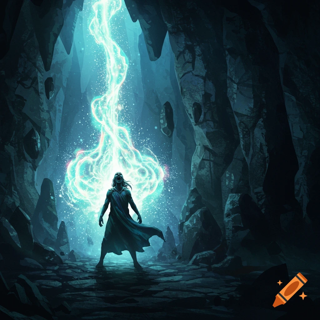 A person in a dark cave stands before a towering, ethereal column of glowing turquoise energy, looking up and screaming.