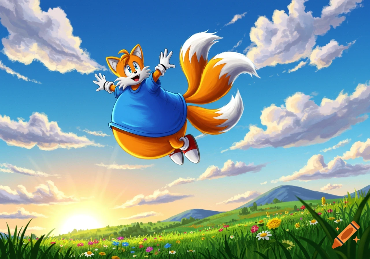 Inflated cartoon fox character, Tails, in a blue shirt, floats in a vibrant sunny sky over a field of wildflowers.