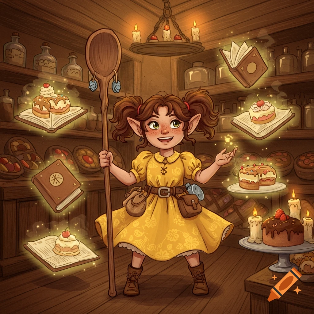 Storybook halfling wizard baker with pigtails in yellow dress, holding a giant spoon staff, surrounded by magical cakes and glowing books.