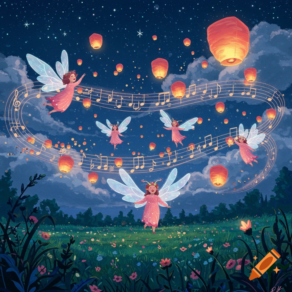 Illustrative scene of pink-dressed fairies with glowing wings flying among lanterns and musical notes in a starry night sky over a meadow.
